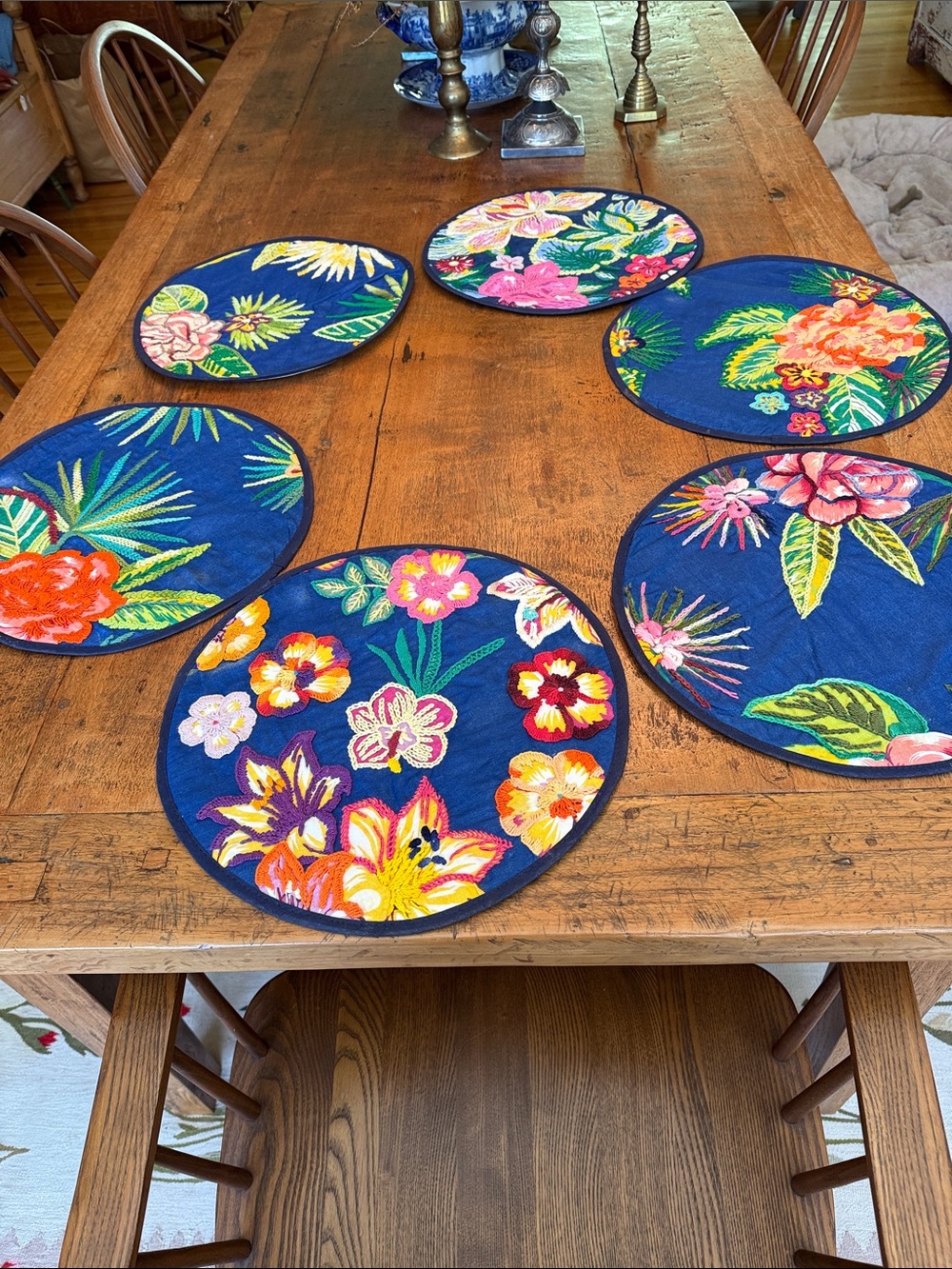 Set of 6 Floral Hand Embroidered Round Placemats on Blue, All Different